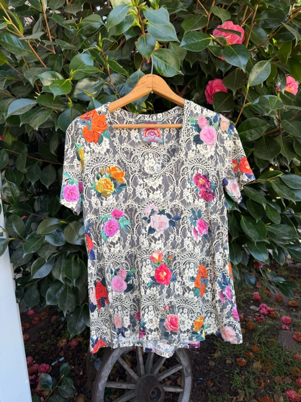 Johnny Was Multicolor Floral Lace-Print Short Sleeve Top